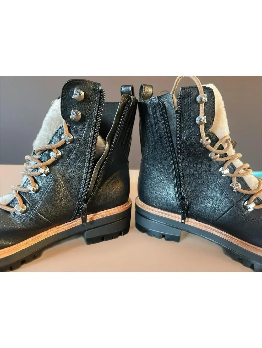 Nine West Black Leather Shearling-Lined Hiking Boots Size 6.5M
